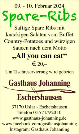Spare Ribs All you can eat im Gasthaus Johanning in Uslar- Eschershausen
